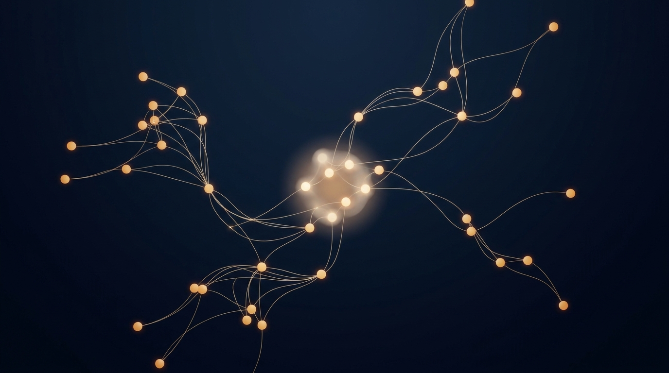 Constellation of warm-gold AI reasoning nodes connecting into a single emerging insight